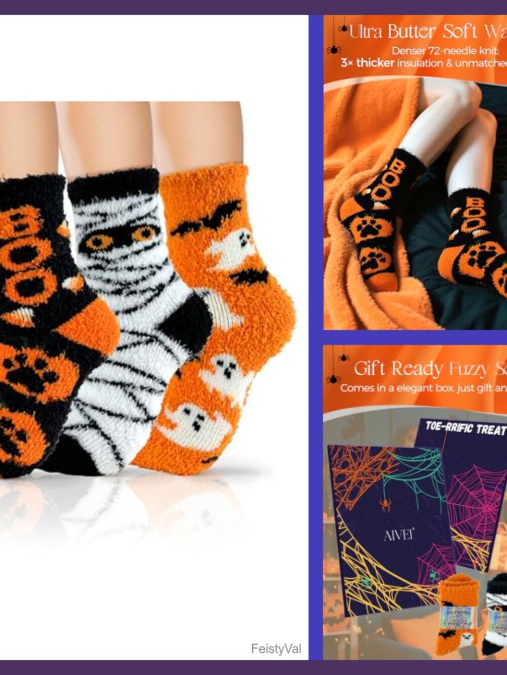 Halloween Fuzzy Socks Women 3-Pack Polyester Spandex Slipper Cozy Gift